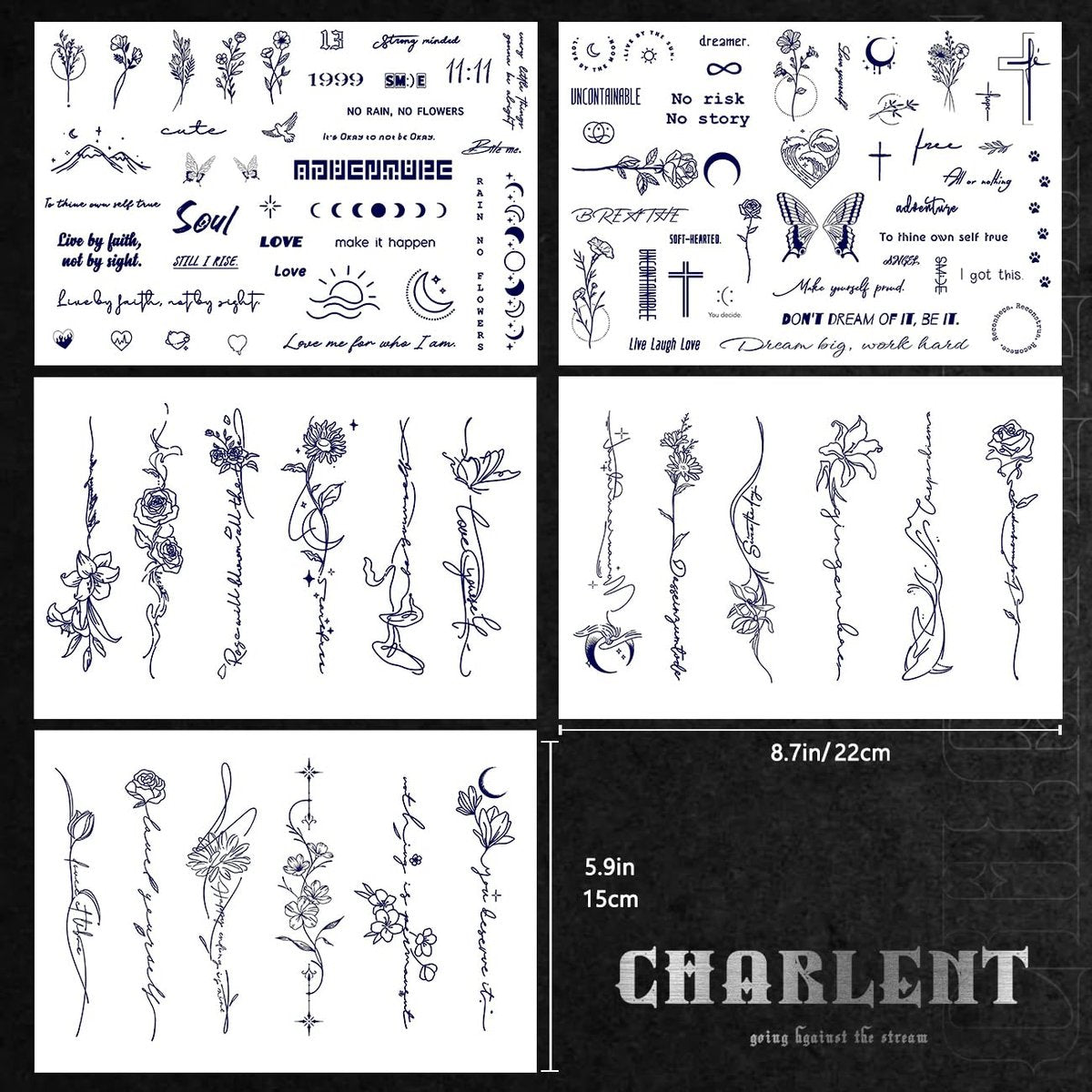 CHARLENT Semi-Permanent Tattoos for Adults – 2 Weeks Long Lasting Small Flower Words Tattoos, Minimal Line Art, Waterproof & Fades Naturally - görsel 5