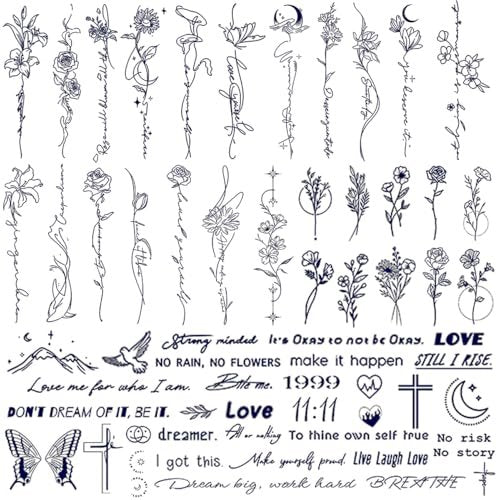CHARLENT Semi-Permanent Tattoos for Adults – 2 Weeks Long Lasting Small Flower Words Tattoos, Minimal Line Art, Waterproof & Fades Naturally - görsel 2