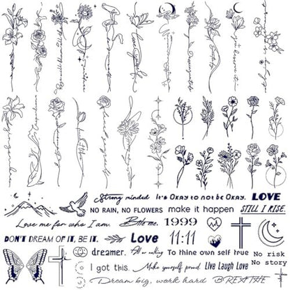 CHARLENT Semi-Permanent Tattoos for Adults – 2 Weeks Long Lasting Small Flower Words Tattoos, Minimal Line Art, Waterproof & Fades Naturally