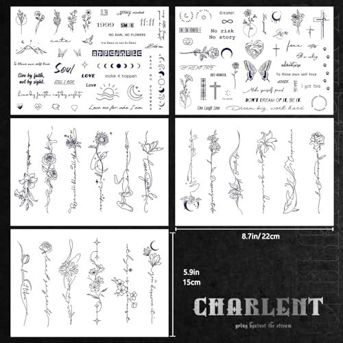 CHARLENT Semi-Permanent Tattoos for Adults – 2 Weeks Long Lasting Small Flower Words Tattoos, Minimal Line Art, Waterproof & Fades Naturally - görsel 6