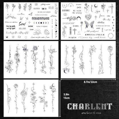 CHARLENT Semi-Permanent Tattoos for Adults – 2 Weeks Long Lasting Small Flower Words Tattoos, Minimal Line Art, Waterproof & Fades Naturally