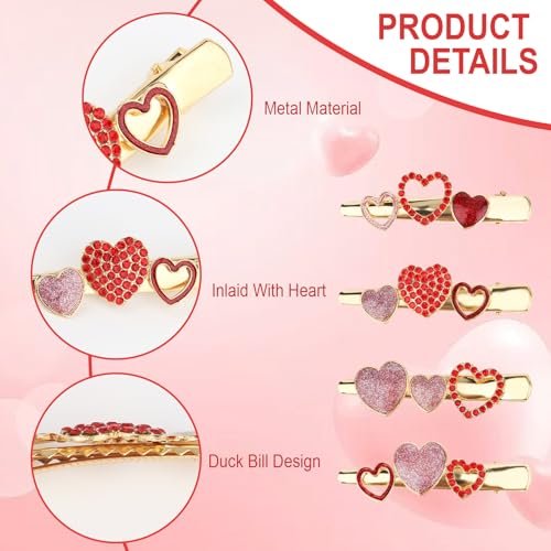 CURASA 4-Piece Valentine's Day Heart Metal Alligator Hair Clips for Women & Girls - Pink Red Rhinestone Glitter Love Heart Shape Duckbill Hairpins, Sweet Hair Barrettes, Party Accessories, Holiday Gifts - görsel 8