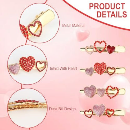 CURASA 4-Piece Valentine's Day Heart Metal Alligator Hair Clips for Women & Girls - Pink Red Rhinestone Glitter Love Heart Shape Duckbill Hairpins, Sweet Hair Barrettes, Party Accessories, Holiday Gifts