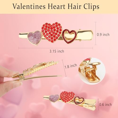 CURASA 4-Piece Valentine's Day Heart Metal Alligator Hair Clips for Women & Girls - Pink Red Rhinestone Glitter Love Heart Shape Duckbill Hairpins, Sweet Hair Barrettes, Party Accessories, Holiday Gifts - görsel 4