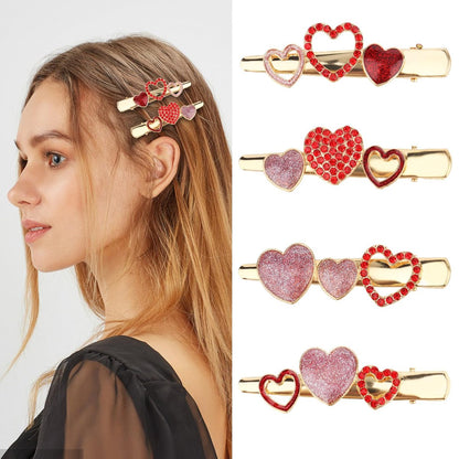 CURASA 4-Piece Valentine's Day Heart Metal Alligator Hair Clips for Women & Girls - Pink Red Rhinestone Glitter Love Heart Shape Duckbill Hairpins, Sweet Hair Barrettes, Party Accessories, Holiday Gifts