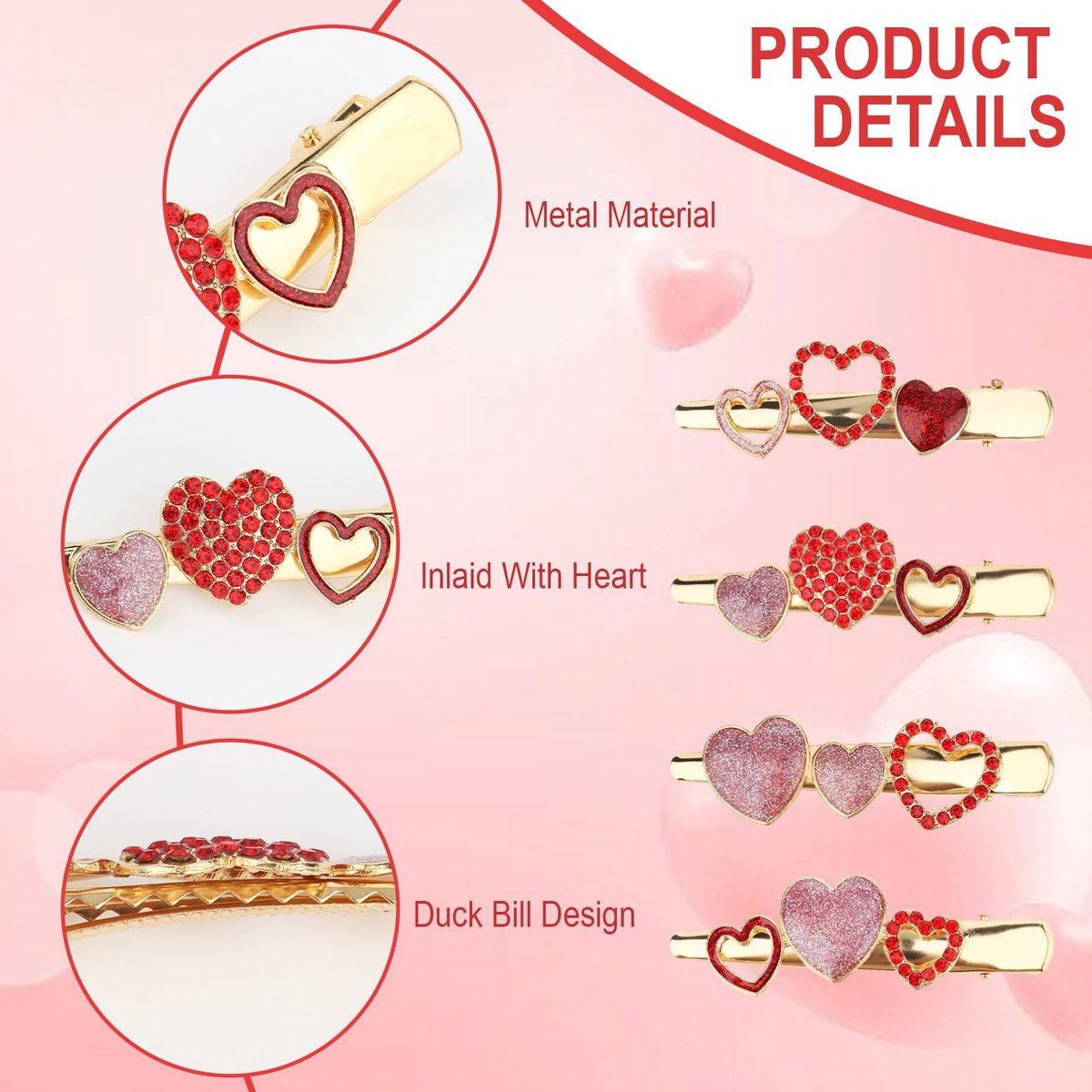 CURASA 4-Piece Valentine's Day Heart Metal Alligator Hair Clips for Women & Girls - Pink Red Rhinestone Glitter Love Heart Shape Duckbill Hairpins, Sweet Hair Barrettes, Party Accessories, Holiday Gifts - görsel 7