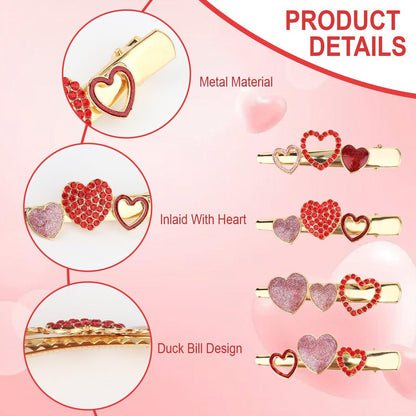 CURASA 4-Piece Valentine's Day Heart Metal Alligator Hair Clips for Women & Girls - Pink Red Rhinestone Glitter Love Heart Shape Duckbill Hairpins, Sweet Hair Barrettes, Party Accessories, Holiday Gifts