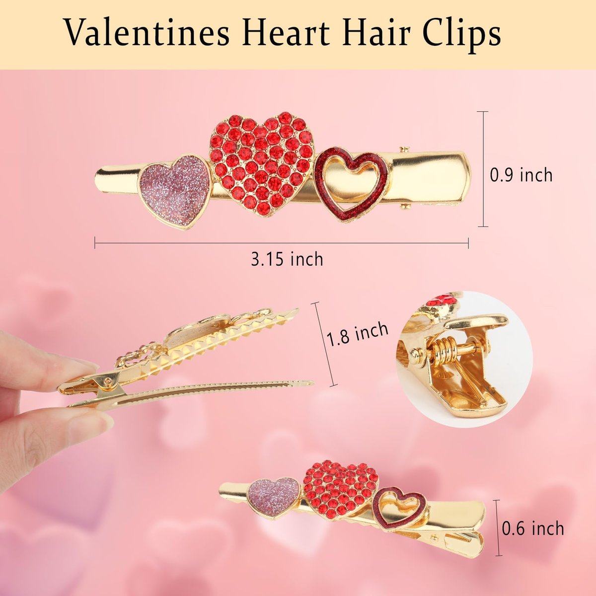 CURASA 4-Piece Valentine's Day Heart Metal Alligator Hair Clips for Women & Girls - Pink Red Rhinestone Glitter Love Heart Shape Duckbill Hairpins, Sweet Hair Barrettes, Party Accessories, Holiday Gifts - görsel 3