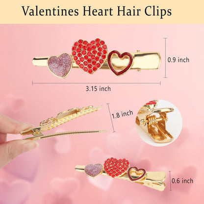 CURASA 4-Piece Valentine's Day Heart Metal Alligator Hair Clips for Women & Girls - Pink Red Rhinestone Glitter Love Heart Shape Duckbill Hairpins, Sweet Hair Barrettes, Party Accessories, Holiday Gifts