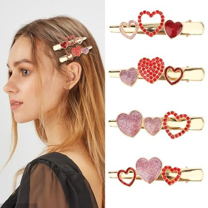 CURASA 4-Piece Valentine's Day Heart Metal Alligator Hair Clips for Women & Girls - Pink Red Rhinestone Glitter Love Heart Shape Duckbill Hairpins, Sweet Hair Barrettes, Party Accessories, Holiday Gifts