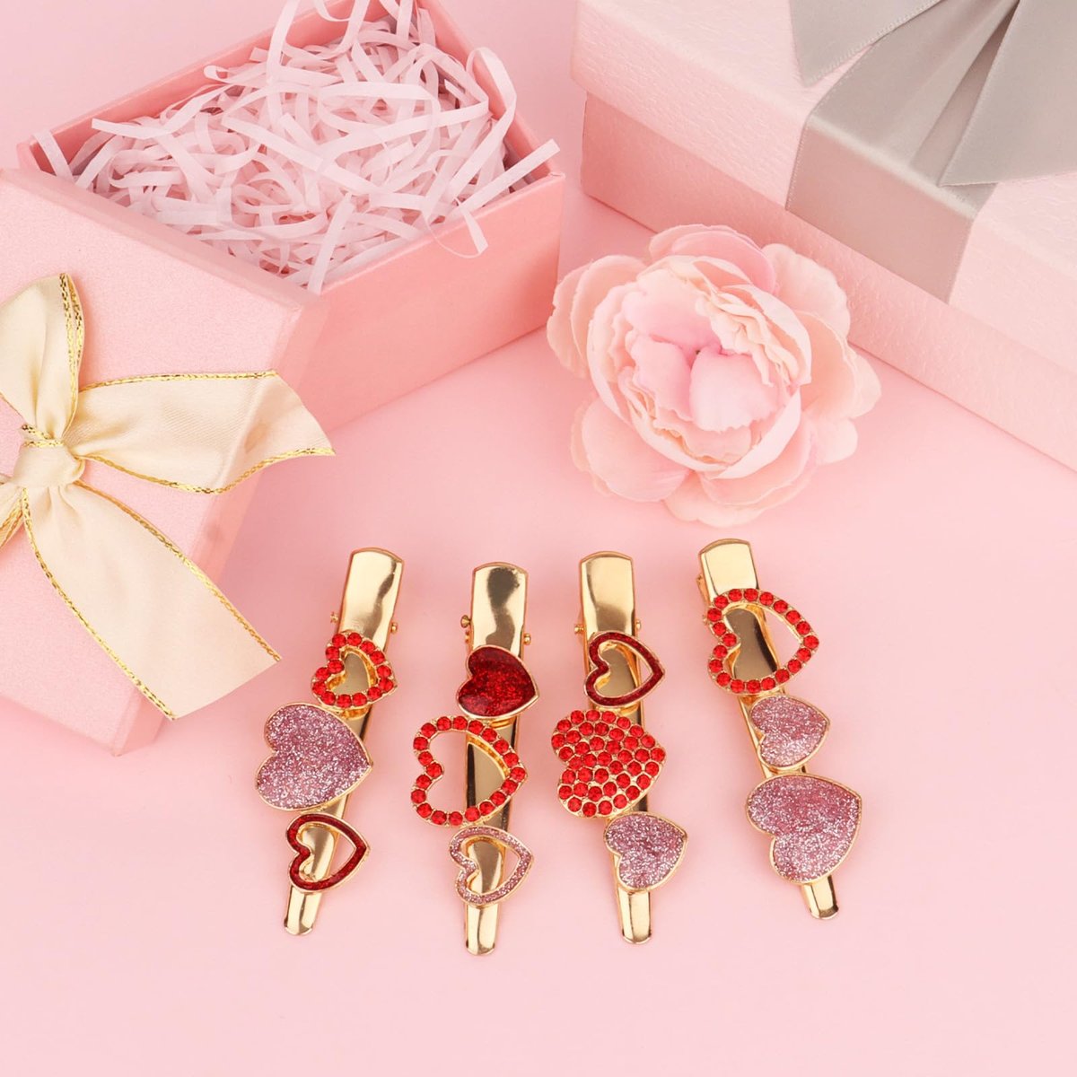 CURASA 4-Piece Valentine's Day Heart Metal Alligator Hair Clips for Women & Girls - Pink Red Rhinestone Glitter Love Heart Shape Duckbill Hairpins, Sweet Hair Barrettes, Party Accessories, Holiday Gifts - görsel 13