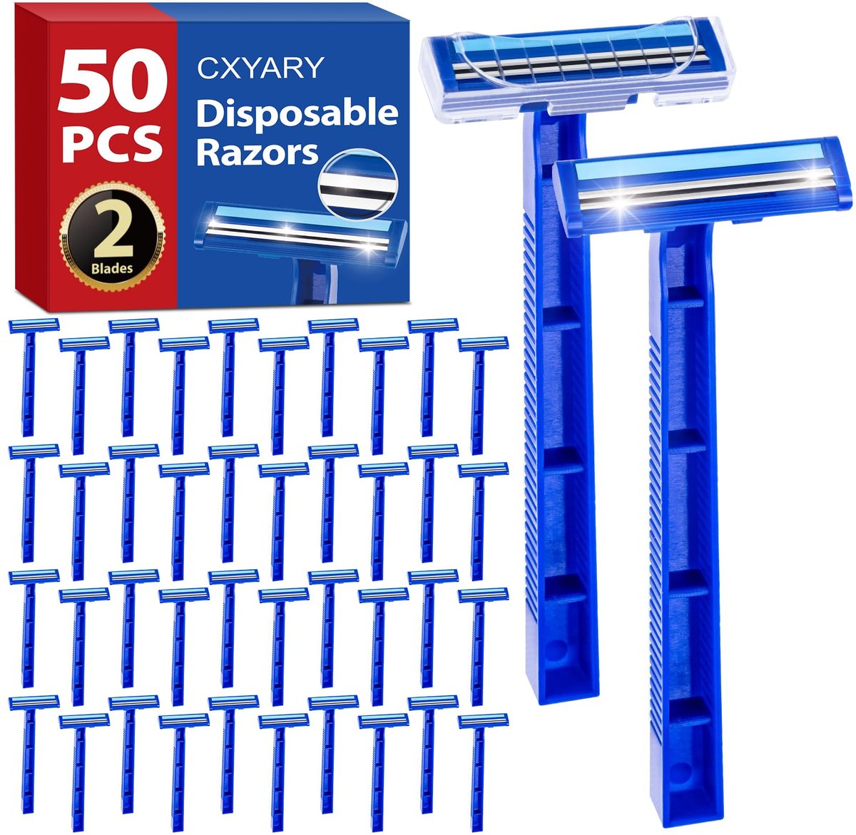 CXYARY 50 Pack Disposable Razors with Lubricating Strip - 2 Blade Safety Razors for Men & Women - Portable Bulk Shaving Razors for Travel, Hotel, Bathing - Blue - görsel 1