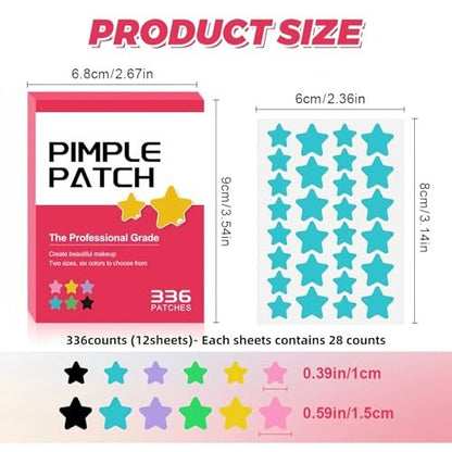 TIKIYOUN Star Pimple Patches for Face - 336 Count Acne Patches with 6 Colors & 2 Sizes, Cute Star-Shaped Zit Stickers for Blemish Protection
