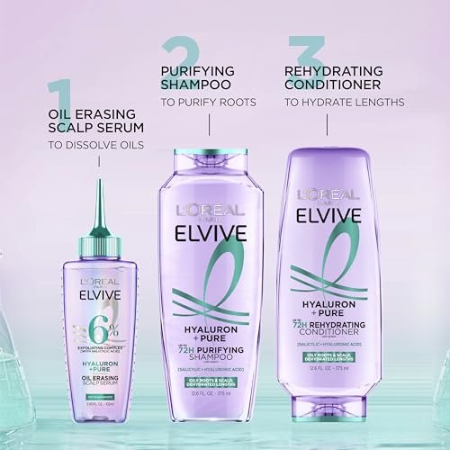 L'Oreal Paris Elvive Hyaluron + Pure 72H Purifying Shampoo for Oily Hair, Clarifying Shampoo with Salicylic Acid and Hyaluronic Acid, 28 Fl Oz - görsel 14
