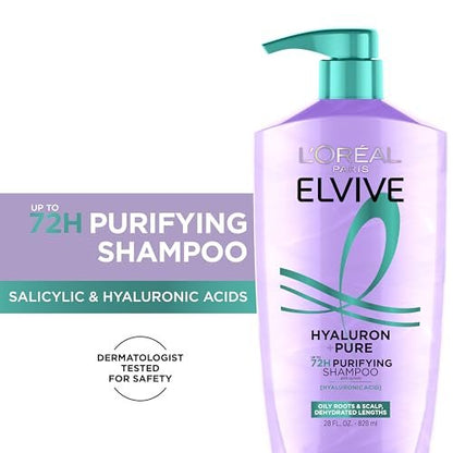 L'Oreal Paris Elvive Hyaluron + Pure 72H Purifying Shampoo for Oily Hair, Clarifying Shampoo with Salicylic Acid and Hyaluronic Acid, 28 Fl Oz
