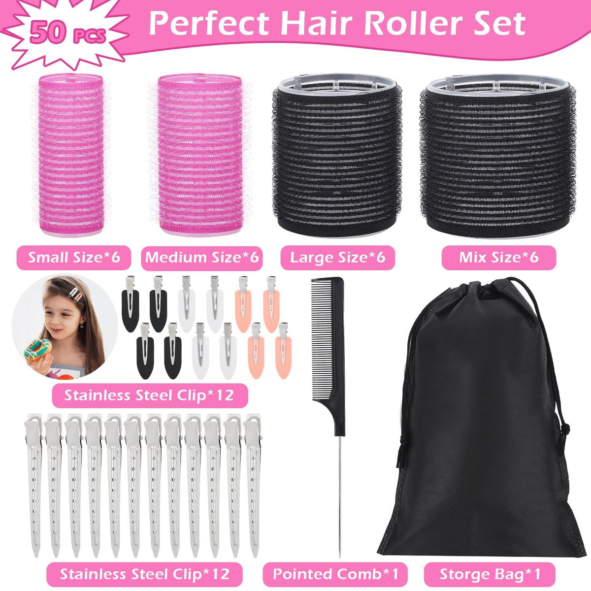 50-Piece Self-Grip Hair Rollers Set - 4 Sizes (Jumbo, Large, Medium, Small) with Clips and Comb for Long, Medium, Short Hair - OJXKZ - görsel 5