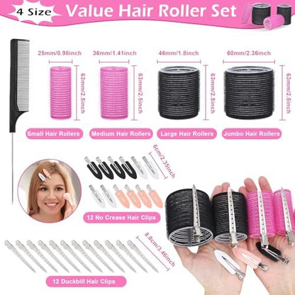 50-Piece Self-Grip Hair Rollers Set - 4 Sizes (Jumbo, Large, Medium, Small) with Clips and Comb for Long, Medium, Short Hair - OJXKZ