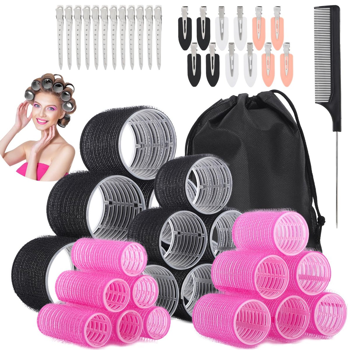 50-Piece Self-Grip Hair Rollers Set - 4 Sizes (Jumbo, Large, Medium, Small) with Clips and Comb for Long, Medium, Short Hair - OJXKZ - görsel 1