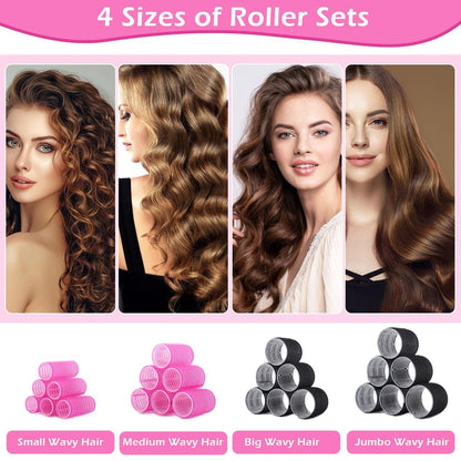 50-Piece Self-Grip Hair Rollers Set - 4 Sizes (Jumbo, Large, Medium, Small) with Clips and Comb for Long, Medium, Short Hair - OJXKZ