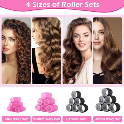 50-Piece Self-Grip Hair Rollers Set - 4 Sizes (Jumbo, Large, Medium, Small) with Clips and Comb for Long, Medium, Short Hair - OJXKZ