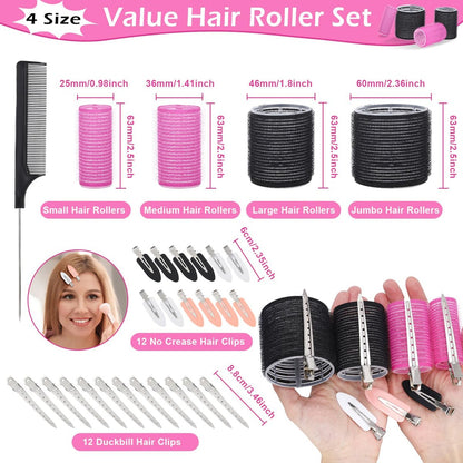 50-Piece Self-Grip Hair Rollers Set - 4 Sizes (Jumbo, Large, Medium, Small) with Clips and Comb for Long, Medium, Short Hair - OJXKZ