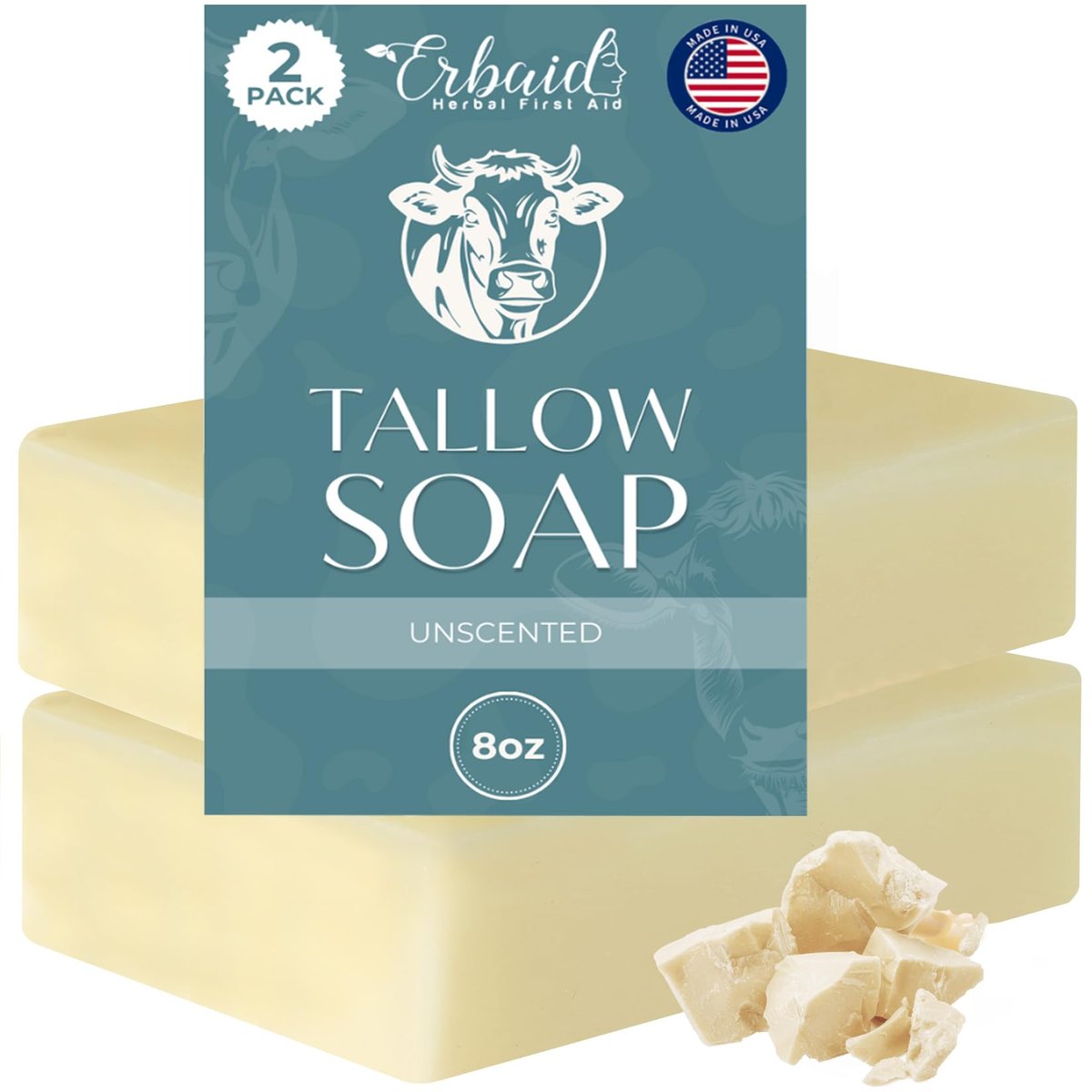 Beef Tallow Soap Bar – All Natural Grass Fed Tallow Soap Unscented – Moisturizing Face & Body Wash for Eczema, Dry, Itchy, Sensitive Skin – Handcrafted Bath Soap for Adults, Kids, Made in USA (4 oz, 2-Pack) - görsel 1