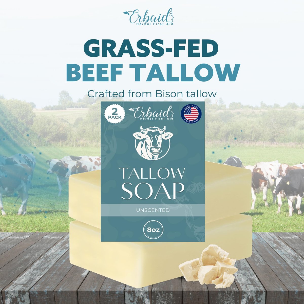 Beef Tallow Soap Bar – All Natural Grass Fed Tallow Soap Unscented – Moisturizing Face & Body Wash for Eczema, Dry, Itchy, Sensitive Skin – Handcrafted Bath Soap for Adults, Kids, Made in USA (4 oz, 2-Pack) - görsel 3
