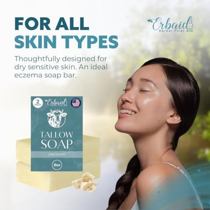 Beef Tallow Soap Bar – All Natural Grass Fed Tallow Soap Unscented – Moisturizing Face & Body Wash for Eczema, Dry, Itchy, Sensitive Skin – Handcrafted Bath Soap for Adults, Kids, Made in USA (4 oz, 2-Pack)