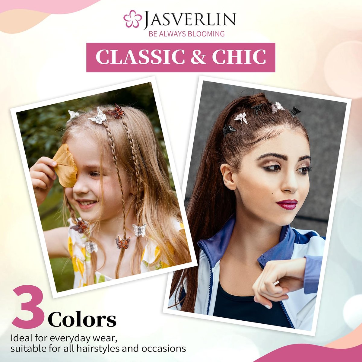 JASVERLIN Mini Butterfly Hair Clips - 50 Pack Small Claw Clips for Fine, Thin, Short Hair, Bangs - Black, Brown, Clear (Classic) - görsel 9