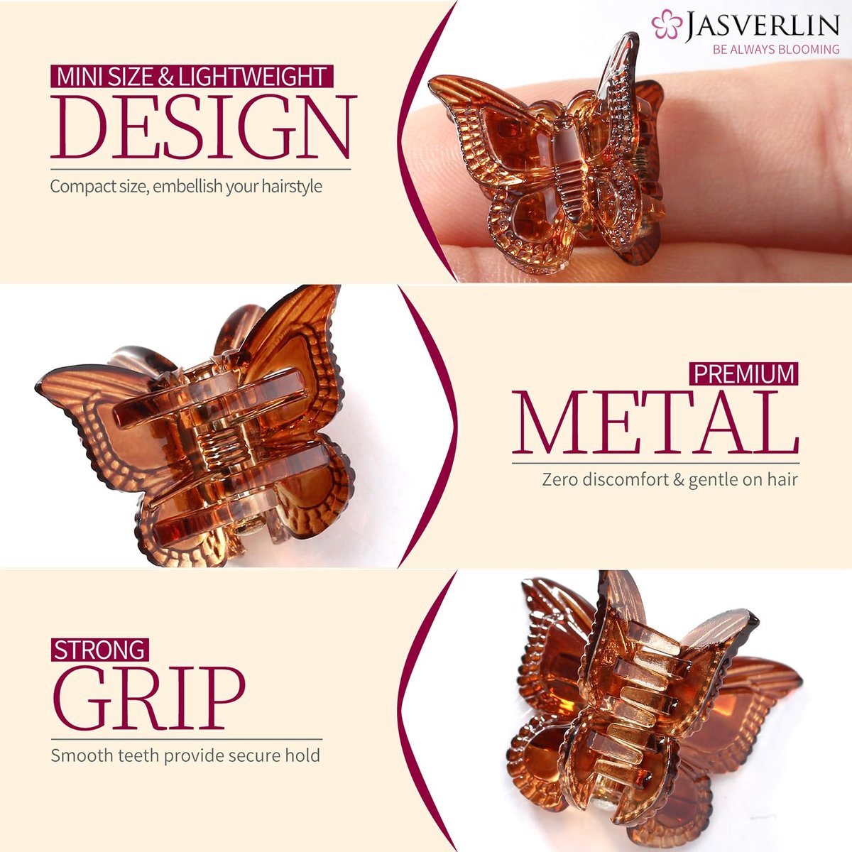 JASVERLIN Mini Butterfly Hair Clips - 50 Pack Small Claw Clips for Fine, Thin, Short Hair, Bangs - Black, Brown, Clear (Classic) - görsel 7