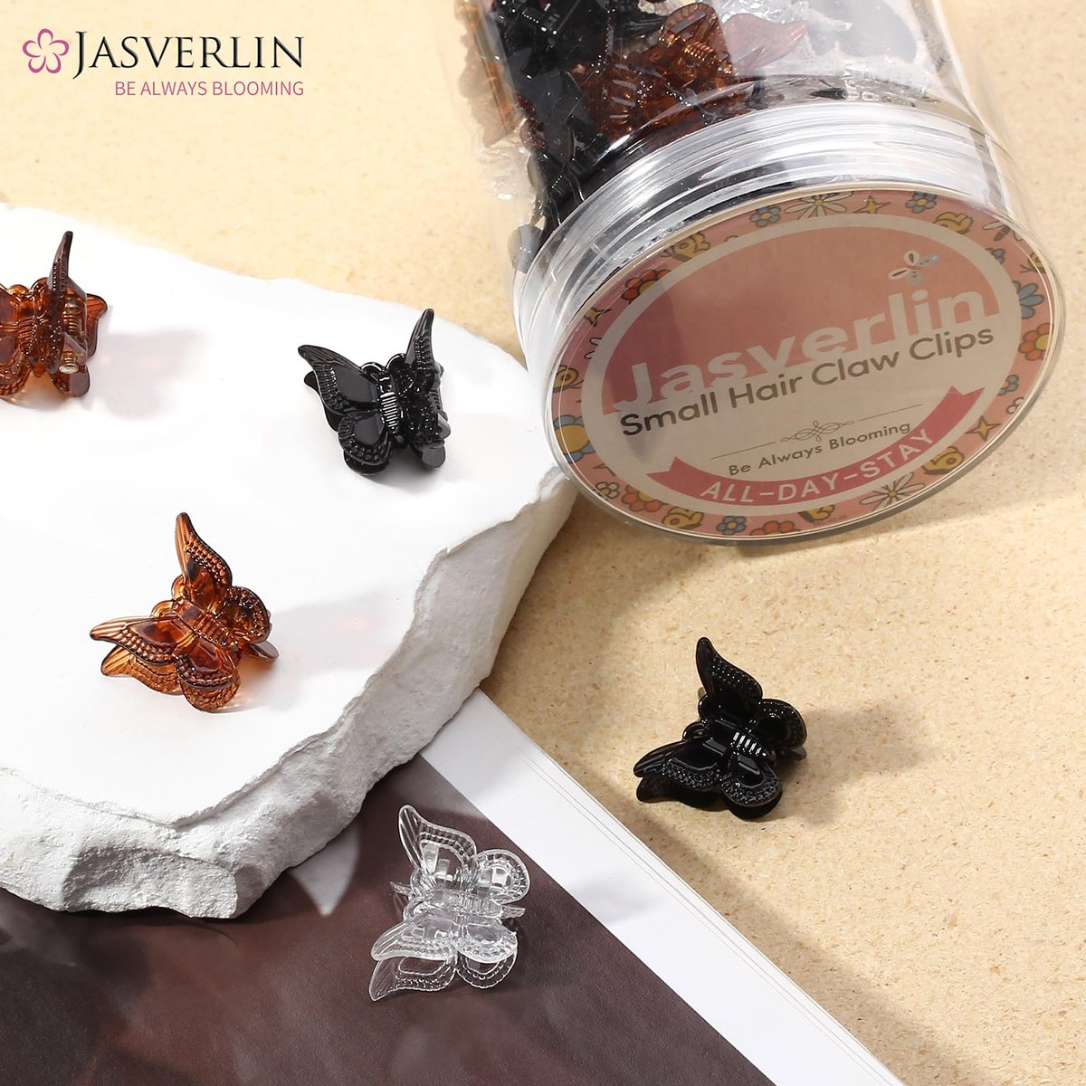 JASVERLIN Mini Butterfly Hair Clips - 50 Pack Small Claw Clips for Fine, Thin, Short Hair, Bangs - Black, Brown, Clear (Classic) - görsel 11