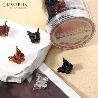 JASVERLIN Mini Butterfly Hair Clips - 50 Pack Small Claw Clips for Fine, Thin, Short Hair, Bangs - Black, Brown, Clear (Classic)
