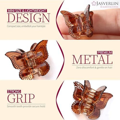 JASVERLIN Mini Butterfly Hair Clips - 50 Pack Small Claw Clips for Fine, Thin, Short Hair, Bangs - Black, Brown, Clear (Classic)