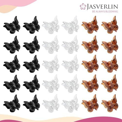 JASVERLIN Mini Butterfly Hair Clips - 50 Pack Small Claw Clips for Fine, Thin, Short Hair, Bangs - Black, Brown, Clear (Classic)