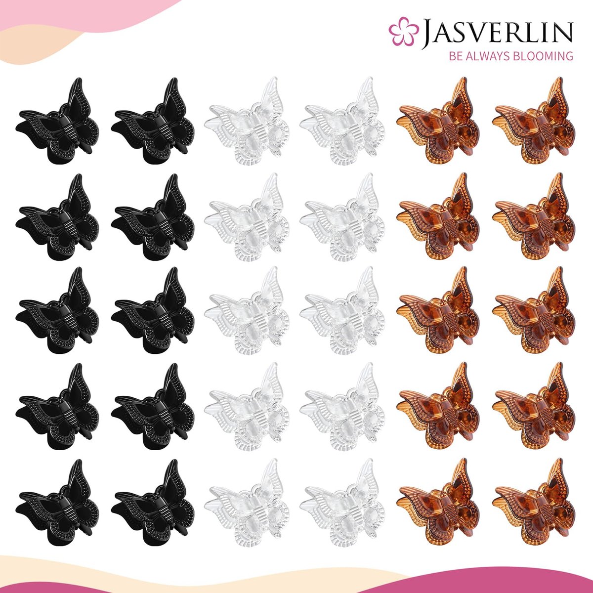 JASVERLIN Mini Butterfly Hair Clips - 50 Pack Small Claw Clips for Fine, Thin, Short Hair, Bangs - Black, Brown, Clear (Classic) - görsel 3
