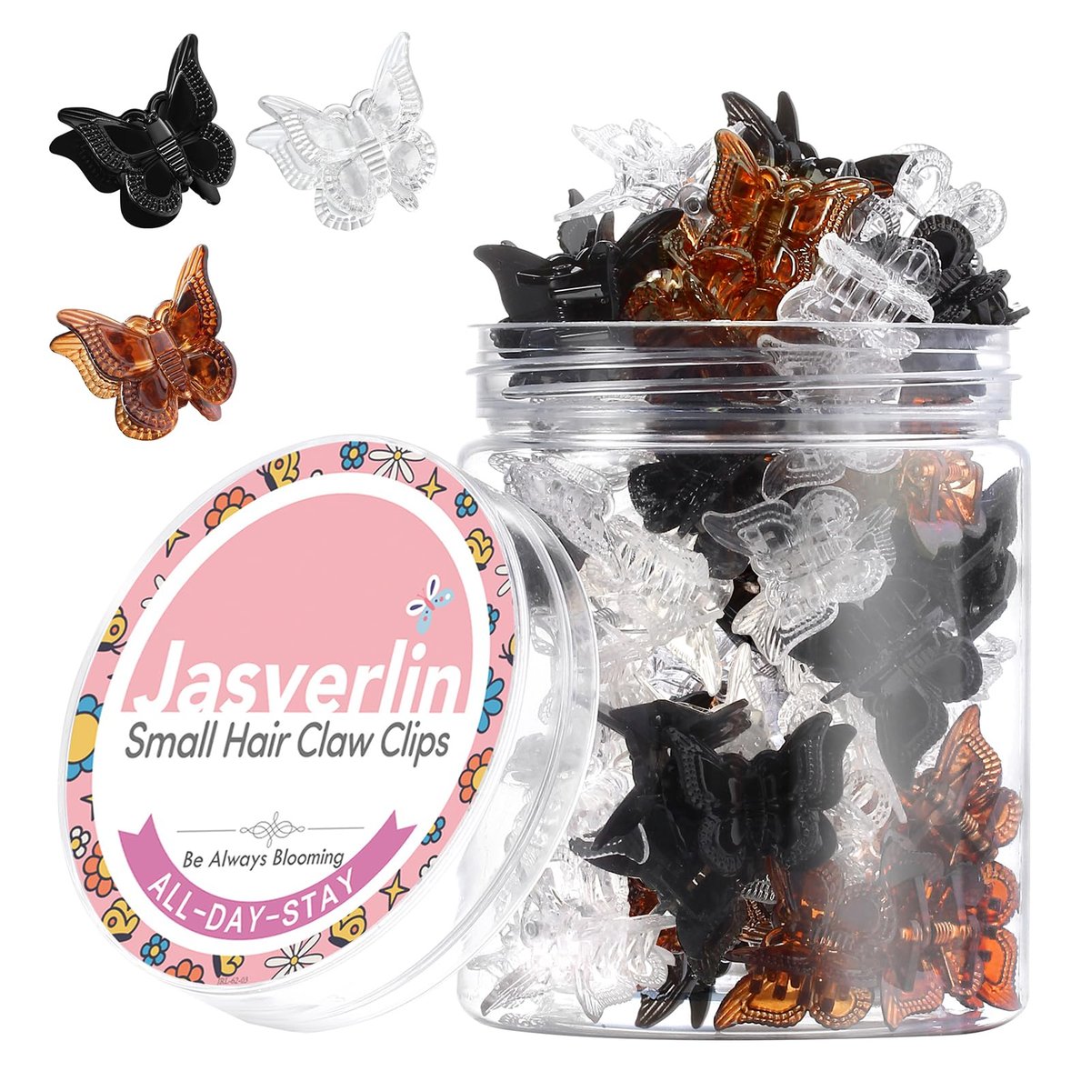 JASVERLIN Mini Butterfly Hair Clips - 50 Pack Small Claw Clips for Fine, Thin, Short Hair, Bangs - Black, Brown, Clear (Classic) - görsel 1