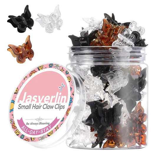 JASVERLIN Mini Butterfly Hair Clips - 50 Pack Small Claw Clips for Fine, Thin, Short Hair, Bangs - Black, Brown, Clear (Classic)