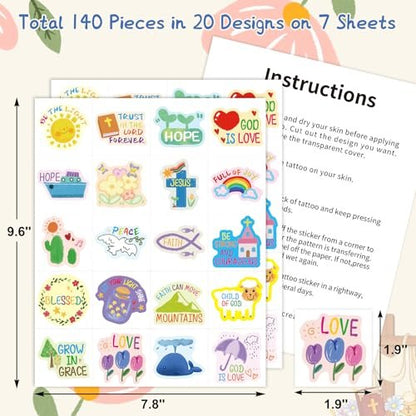 Fancy Land 140Pcs Religious Tattoos for Kids - Temporary Christian Easter Tattoo Sheets with Individual Bible Verses - Sunday School Crafts & Party Favors