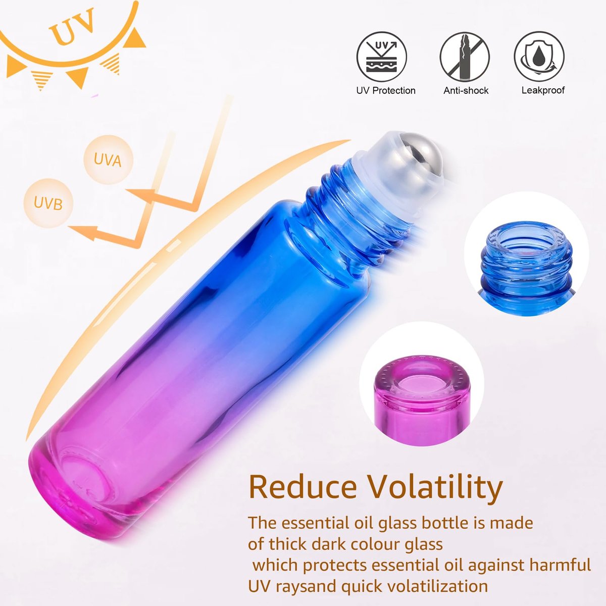 JIUWU 10 Pack 10ML Refillable Glass Roller Bottles - Empty Blue and Purple Gradient Roller Bottles for Essential Oils, Perfume, Cuticle Oil - görsel 3