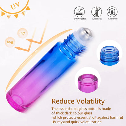 JIUWU 10 Pack 10ML Refillable Glass Roller Bottles - Empty Blue and Purple Gradient Roller Bottles for Essential Oils, Perfume, Cuticle Oil