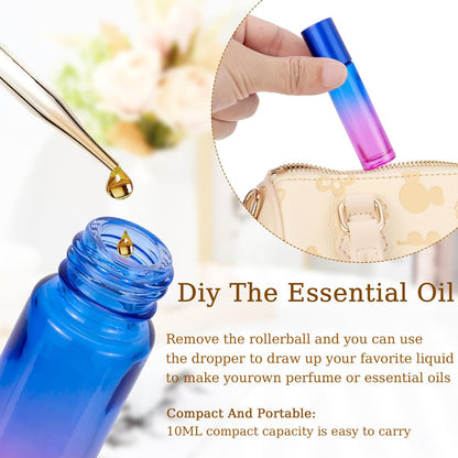 JIUWU 10 Pack 10ML Refillable Glass Roller Bottles - Empty Blue and Purple Gradient Roller Bottles for Essential Oils, Perfume, Cuticle Oil