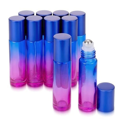 JIUWU 10 Pack 10ML Refillable Glass Roller Bottles - Empty Blue and Purple Gradient Roller Bottles for Essential Oils, Perfume, Cuticle Oil