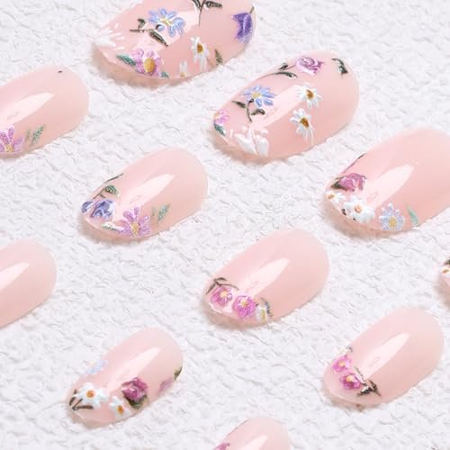 Colorful Flowers Press on Nails - Short Almond Shaped Fake Nails with Embossed Floral Design, Glossy Acrylic Full Cover Stick on Nails for Women, 24 Pcs - görsel 8