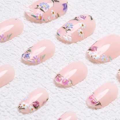Colorful Flowers Press on Nails - Short Almond Shaped Fake Nails with Embossed Floral Design, Glossy Acrylic Full Cover Stick on Nails for Women, 24 Pcs