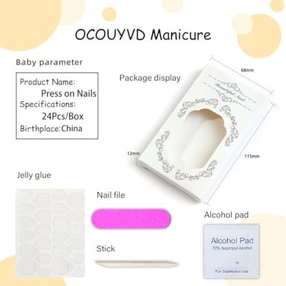 Colorful Flowers Press on Nails - Short Almond Shaped Fake Nails with Embossed Floral Design, Glossy Acrylic Full Cover Stick on Nails for Women, 24 Pcs