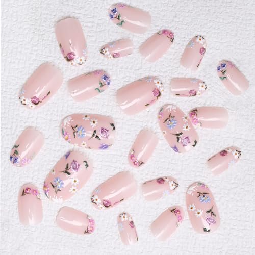 Colorful Flowers Press on Nails - Short Almond Shaped Fake Nails with Embossed Floral Design, Glossy Acrylic Full Cover Stick on Nails for Women, 24 Pcs - görsel 6