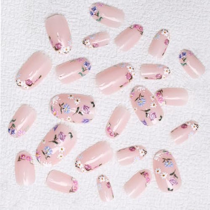 Colorful Flowers Press on Nails - Short Almond Shaped Fake Nails with Embossed Floral Design, Glossy Acrylic Full Cover Stick on Nails for Women, 24 Pcs