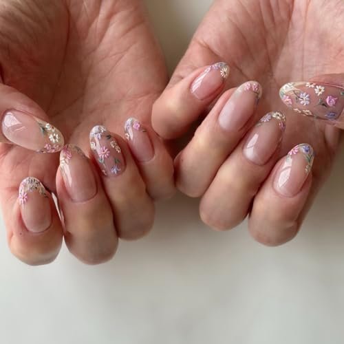 Colorful Flowers Press on Nails - Short Almond Shaped Fake Nails with Embossed Floral Design, Glossy Acrylic Full Cover Stick on Nails for Women, 24 Pcs - görsel 4