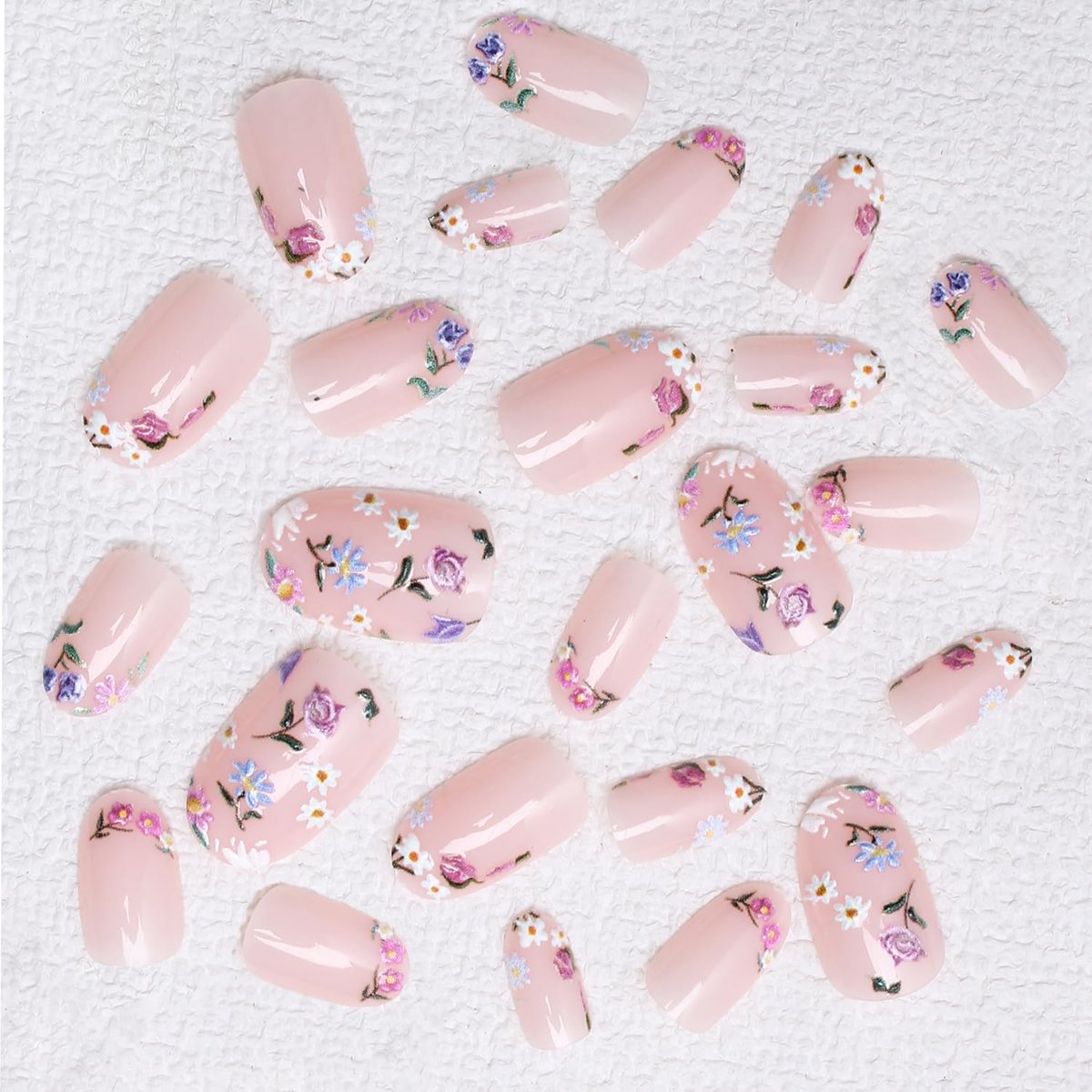 Colorful Flowers Press on Nails - Short Almond Shaped Fake Nails with Embossed Floral Design, Glossy Acrylic Full Cover Stick on Nails for Women, 24 Pcs - görsel 5