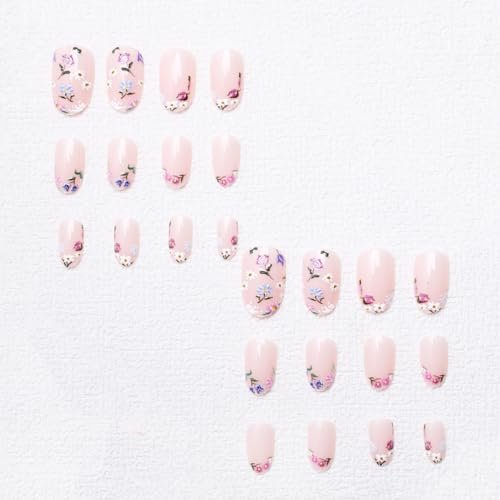 Colorful Flowers Press on Nails - Short Almond Shaped Fake Nails with Embossed Floral Design, Glossy Acrylic Full Cover Stick on Nails for Women, 24 Pcs - görsel 10